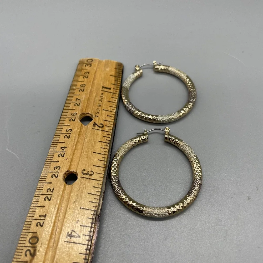 Tri-Color Diamond Cut Textured Hoop Earrings Gold Silver Rose Tone 1.5